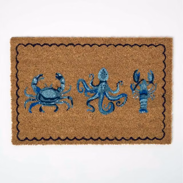 Homescapes Blue Maritime Sea Animal Non-Slip Coir Doormat, W/D/H: 60 x 40 x 1.7 cm