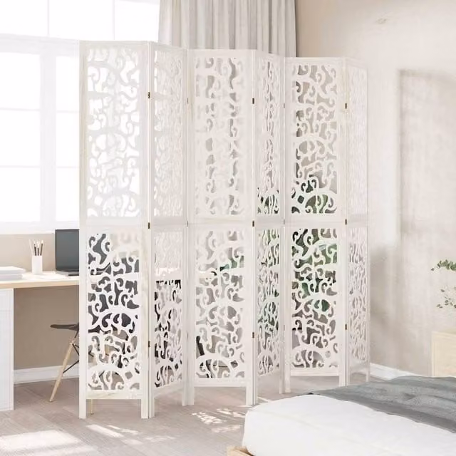 Berkfield Home 6 Panel White Solid Wood Paulownia Room Divider