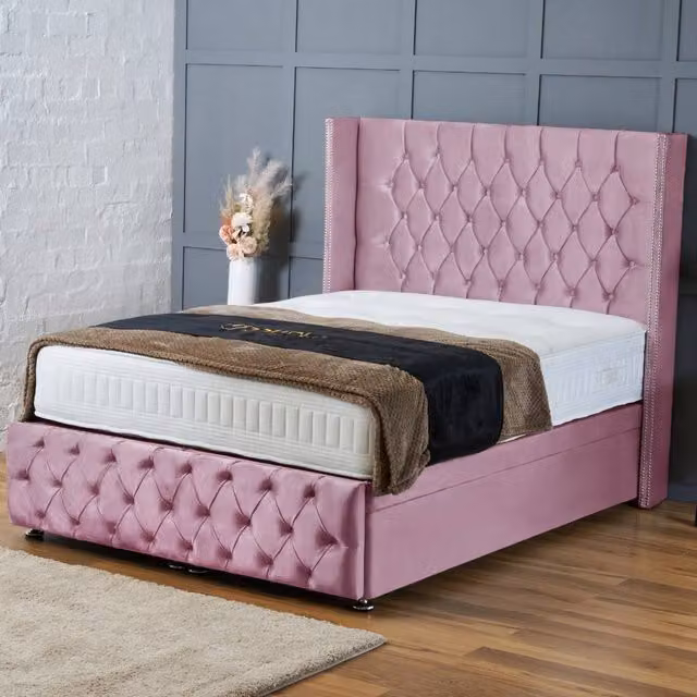 BSSPOKE Mayfair Ottoman Divan Bed in Pink Plush Velvet with 54 inch Headboard, Super King, W/D/H: 200 x 200 cm