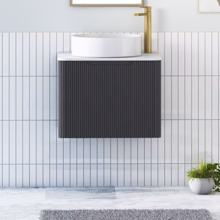 Royal Bathrooms Avenza Matt Obsidian Black Wall Hung Vanity Unit with 1 Drawer and Plain White Stone Worktop
