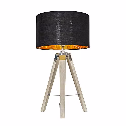 MiniSun Distressed Wood and Silver Chrome Tripod Table Lamp with Black and Gold Fabric Drum Shade
