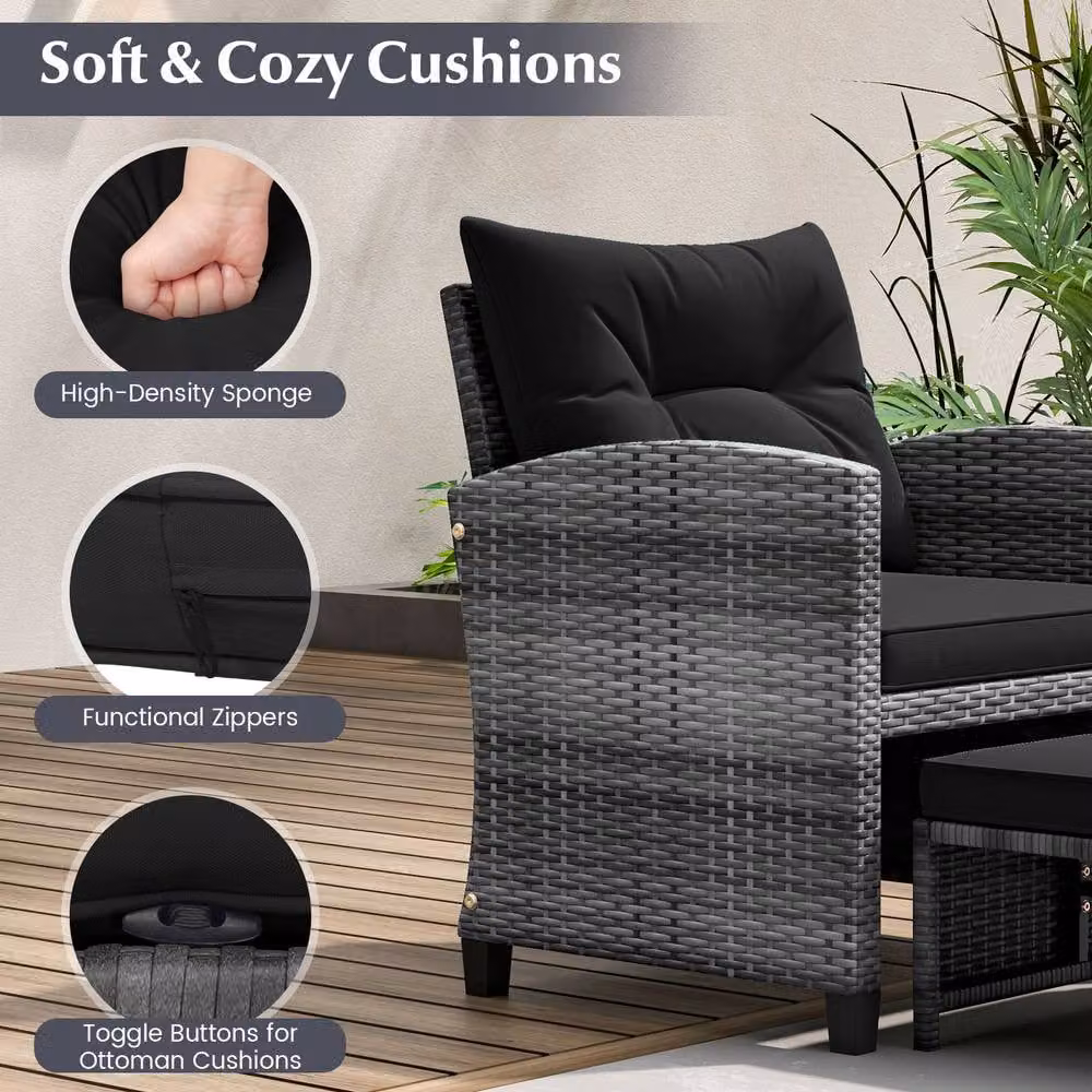 Costway 5-Piece Black Polyrattan Patio Furniture Set with Upholstered Lounge Armchairs and Ottomans – 5
