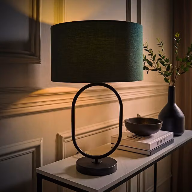 ValueLights Antonia Art Deco Oval Table Lamp in Black with Green Fabric Drum Shade and LED Bulb