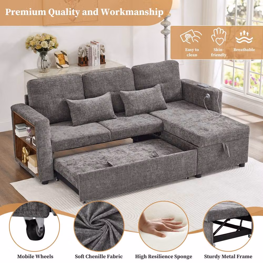 Rolipo 3-in-1 Convertible Chenille L-Shaped Sofa Bed with Storage and USB Charging, Grey – 5
