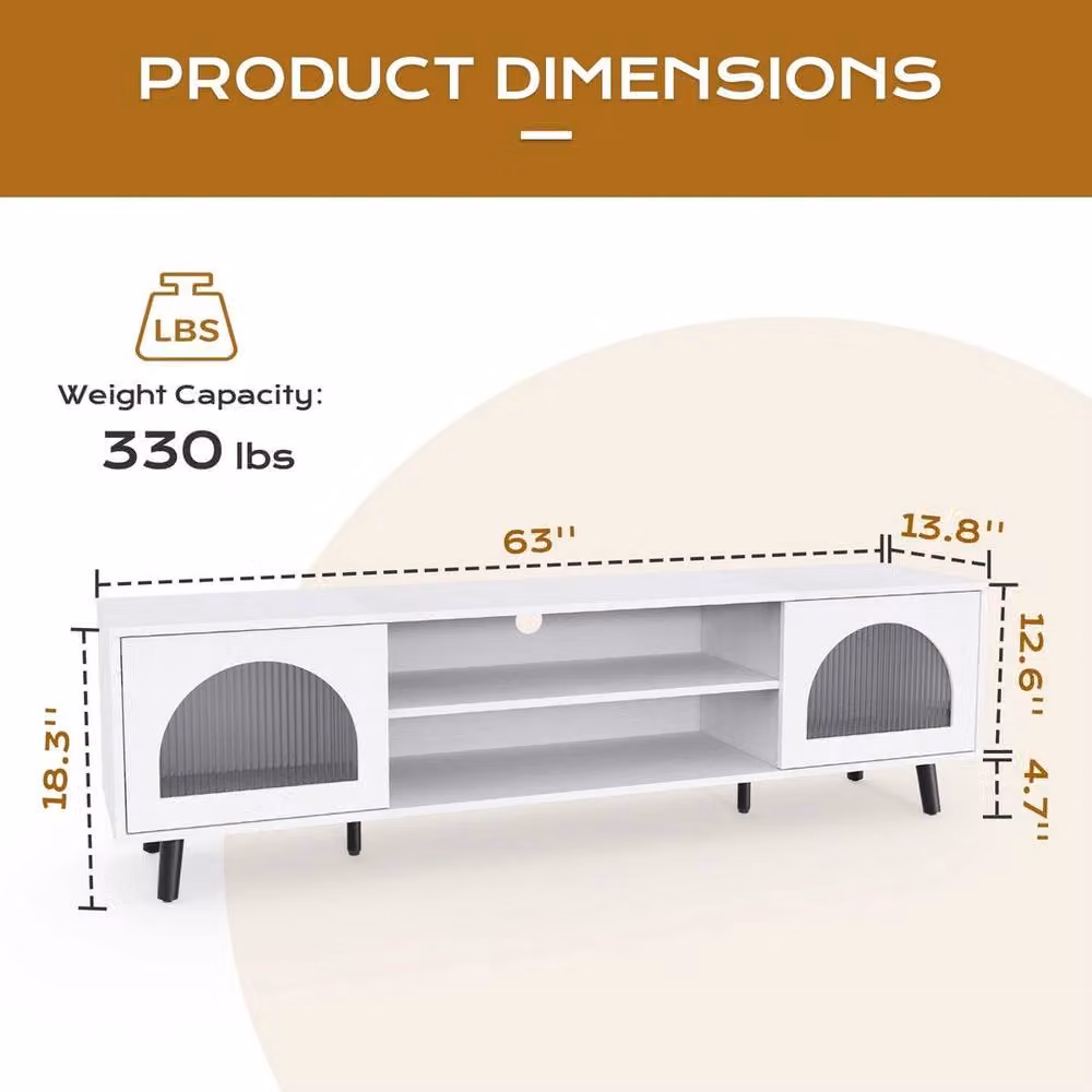 FORGEVIO Modern White MDF LED TV Stand Cabinet with 2 Glass Doors and Integrated Lighting – 2