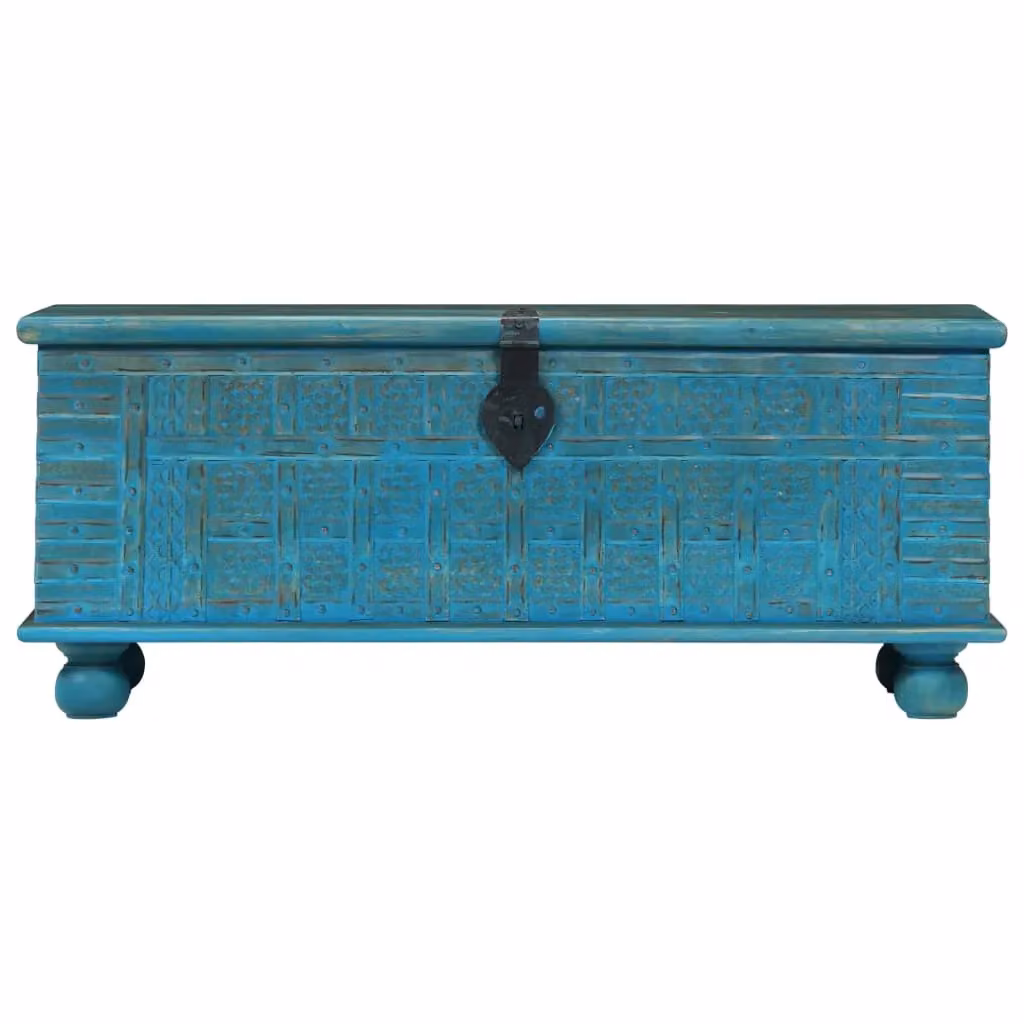 Berkfield Home Solid Mango Wood Storage Chest in Blue, W: 100 cm, D: 40 cm, H: 41 cm – 2
