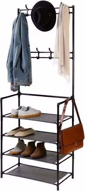 SPETLEK Metal Coat and Hat Stand with 8 Hooks and 4-Tier Shoe Rack in Matt Black – 1