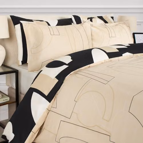 OHS King Size Geometric Duvet Cover and Pillowcase Bedding Set in Black and Beige – 4