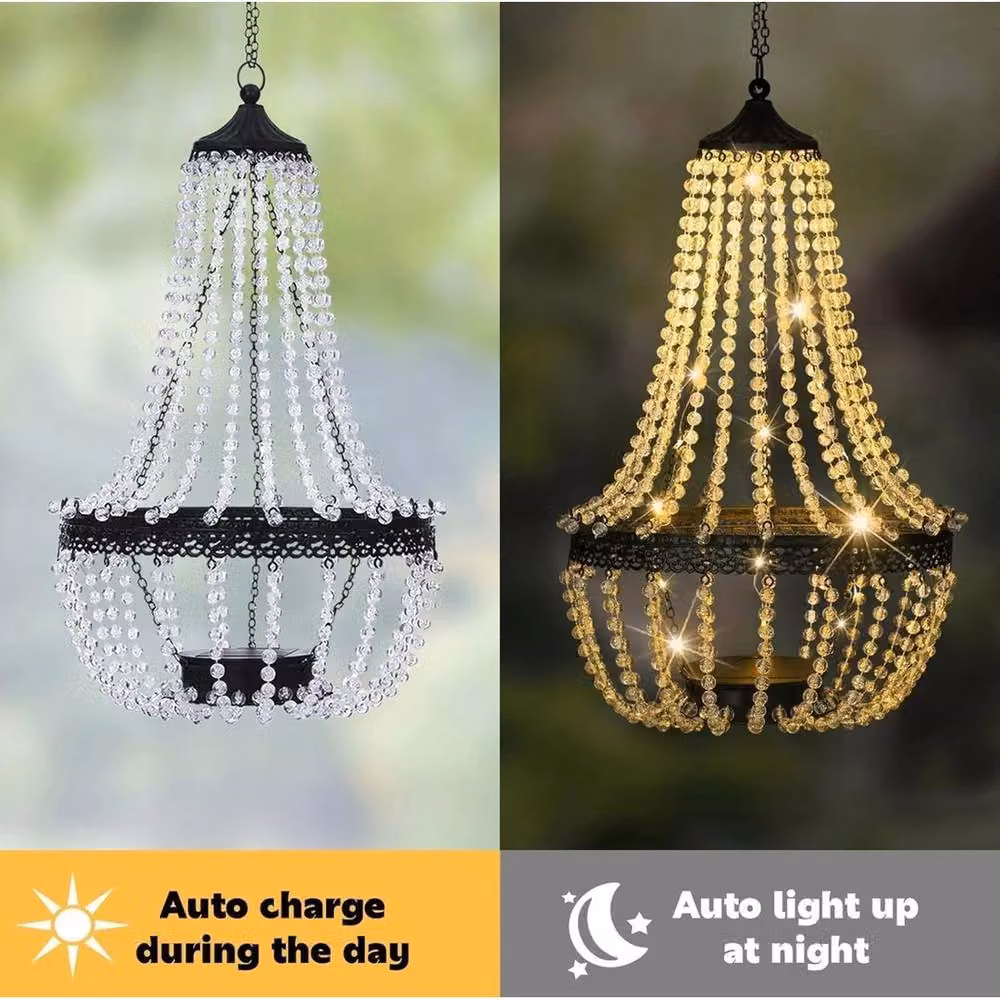 NESTLUNE Solar Powered LED Acrylic Crystal Chandelier Light with Dusk Sensor in Transparent and Black – 3