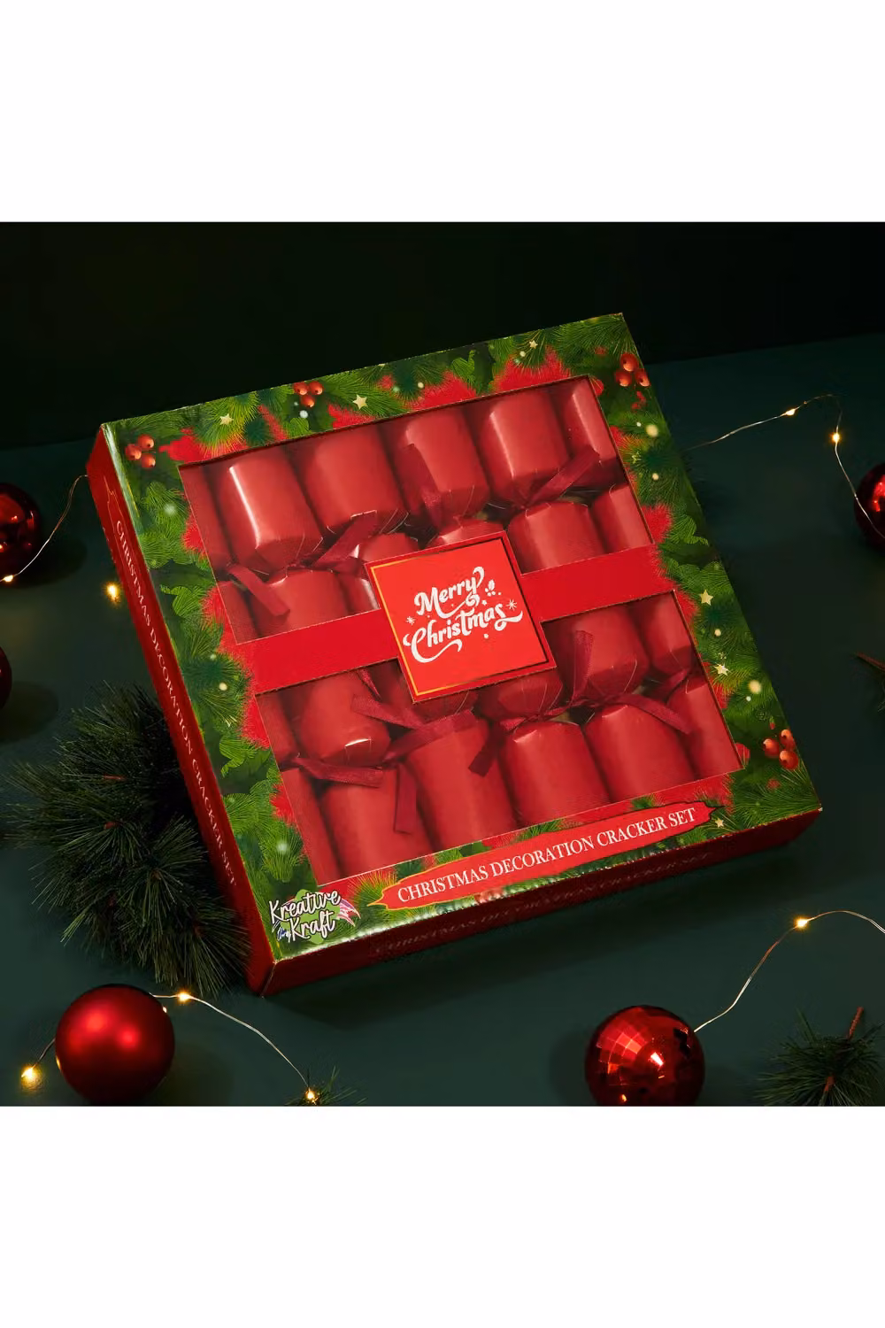 KreativeKraft Luxury Christmas Crackers Pack of 6 with Paint Your Own Tree Decorations in Red and Multicolour – 10