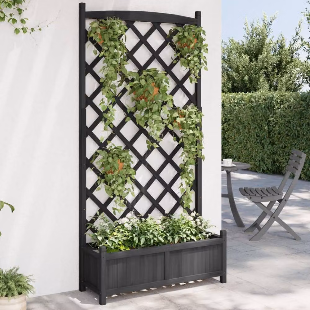 Berkfield Home Black Solid Wood Fir Planter with Trellis – 2