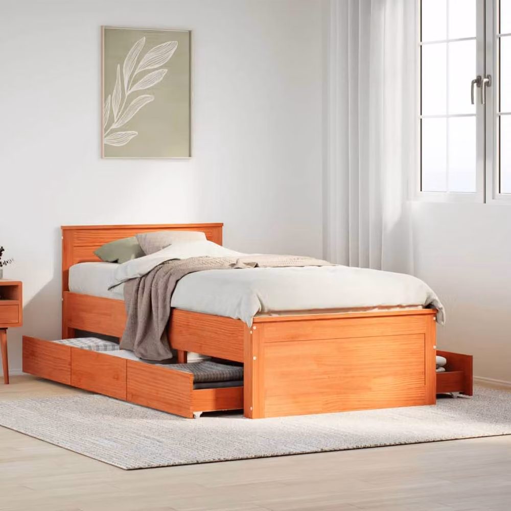 Berkfield Home Solid Wood Pine Bed Frame with Headboard in Wax Brown, W/D/H: 90 x 200 cm – 2