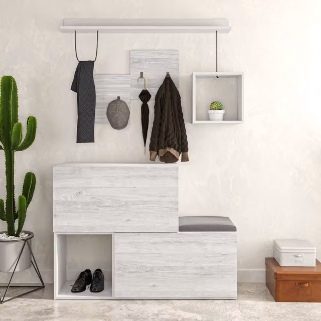 Decortie Holdon Hall Tree with Bench and Shelves in White and Grey
