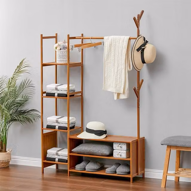 Livingandhome Brown Bamboo Free-Standing Clothes Rail and Dual Hook Coat Rack