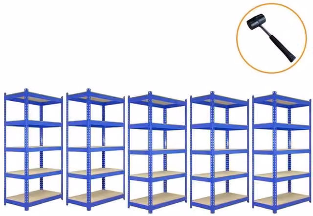 Monstershop Q-Rax Blue Steel Heavy Duty Boltless Racking Units, 5 Tier Shelving Set (3 x W: 90 cm & 2 x W: 120 cm, D: 50 cm, H: 182.5 cm)
