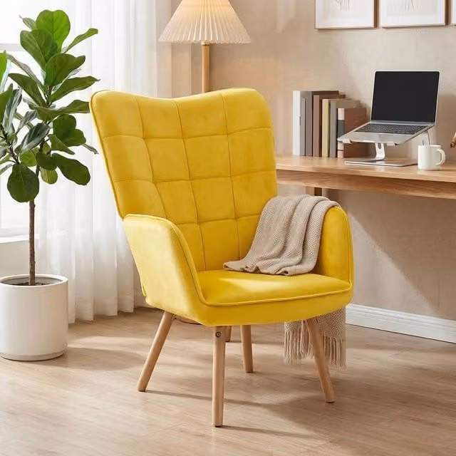 FORGEVIO Yellow Velvet Upholstered Tufted Wingback Armchair with Integrated Foam Seat Padding