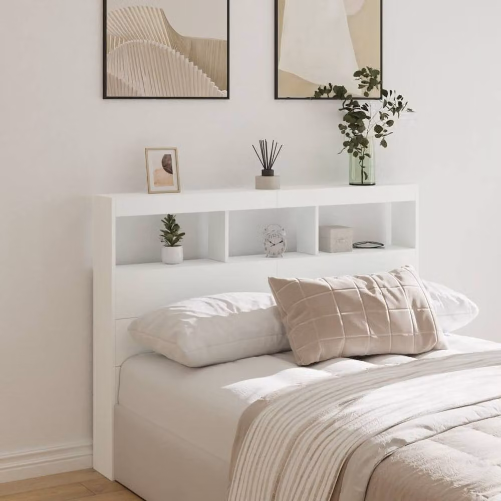 Berkfield Home Modern White Wall Mount Headboard Cabinet with Integrated LED Lighting, USB Charging Port and Bedside Shelf, W/D/H: 140 x 17 x 102 cm – 2