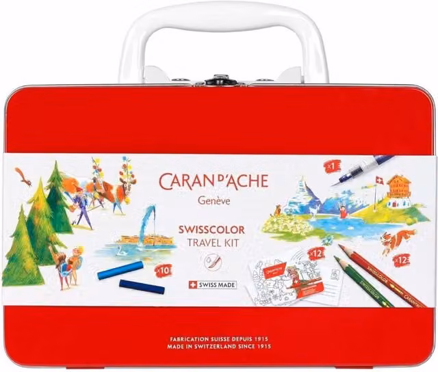 Caran d'Ache Swisscolor Travel Kit with Red Water-Soluble Pencils and Wax Pastels