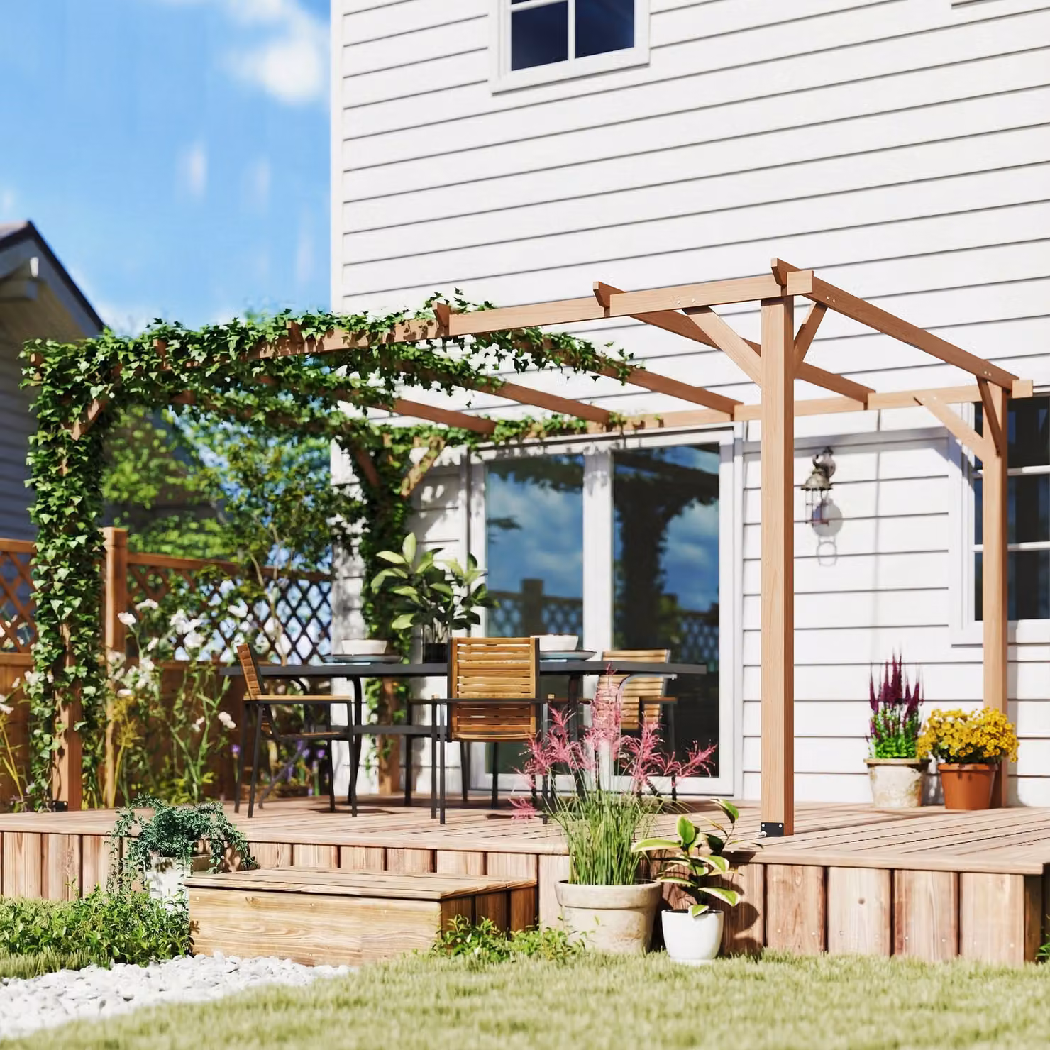 Outsunny Brown Wooden Pergola Kit with Grape Trellis and Triangle Supports, W: 400 cm, D: 300 cm, H: 205 cm – 6
