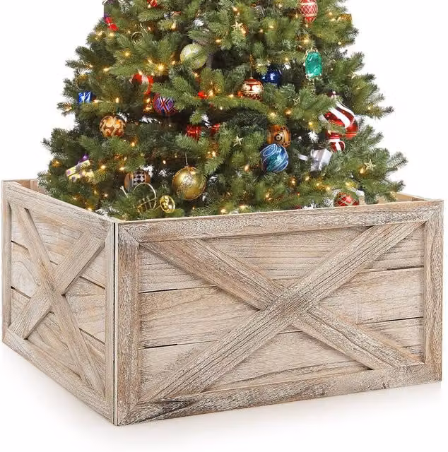 Gymax Solid Wood Vintage Christmas Tree Collar Box in Light Brown