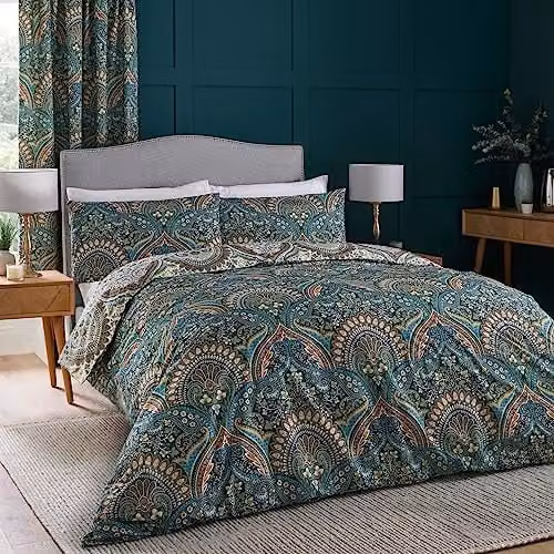 Dreams & Drapes Teal Jacobean Reversible Duvet Cover and Pillowcase Set, Blue and White Moroccan Boho Floral Design, W: 140 cm, H: 200 cm