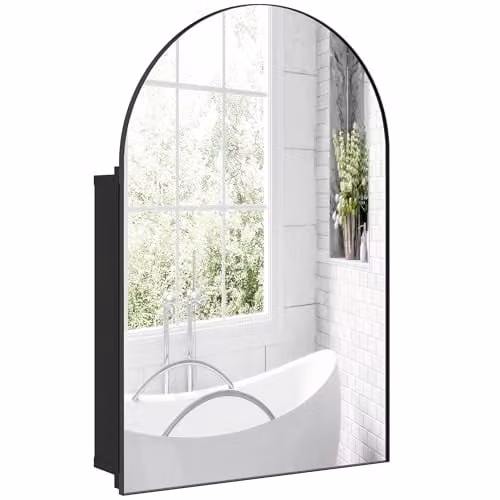 HOMCOM Modern Wall Mounted Bathroom Mirror Cabinet with Hinged Glass Doors and Internal Shelves, Black, W: 50 cm, H: 76 cm, D: 12 cm