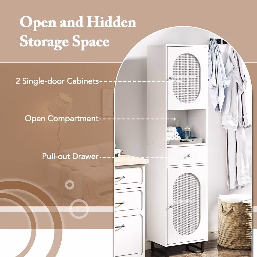 Gymax White Tall Bathroom Floor Cabinet with 2 PE Rattan Soft Close Doors, Height: 170 cm, Width: 30 cm, Depth: 30 cm – 3