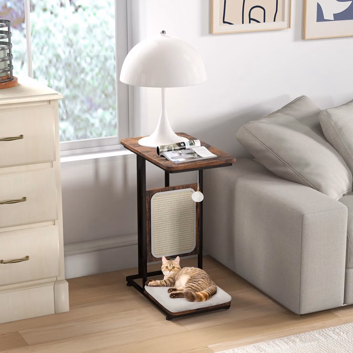 Costway C-Shaped Modern Cat Side Table and End Table with Removable Cushion in Brown – 2