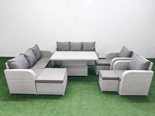 Fimous Grey PE Rattan High Back Lounge Sofa Set with 3 Seater Reclining Chair, 3 Stools and Adjustable Lifting Table