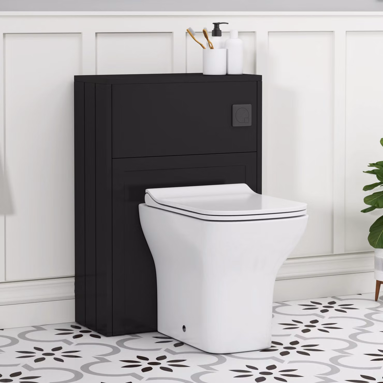 Royal Bathrooms Elmore Wall Mounted BTW WC Unit with Qubix Toilet Pan, Slim Seat and Cistern, Matt Nocturne Black, Width: 55 cm