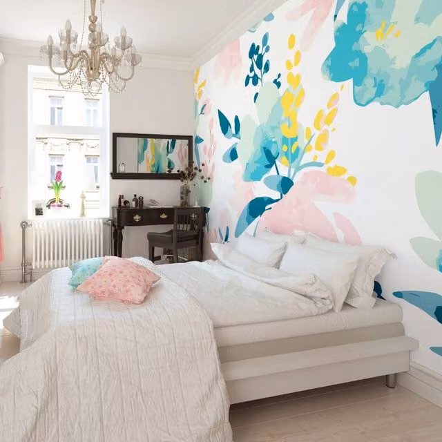 Origin Murals Graphic Flower Blush and Jade Floral Wall Mural in Pink, Green and White