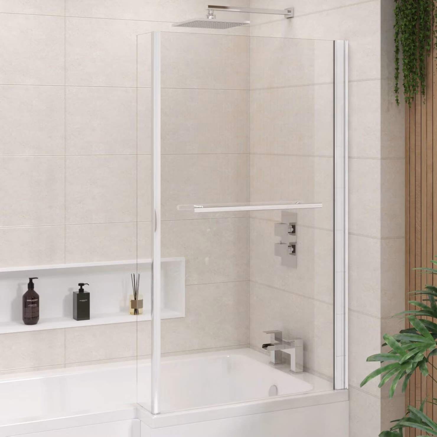 Royal Bathrooms Quattro Polished Chrome Fixed Bath Screen and Rail with Hinged Flipper Panel, Silver and Transparent, Height: 140.0 cm