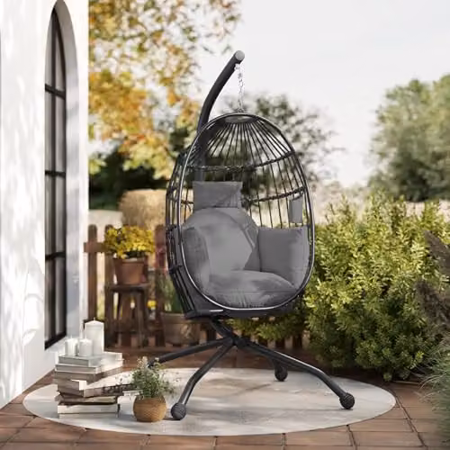 Outsunny Hanging Egg Chair with Folding Basket and Thickened Cushion in Dark Grey – 7