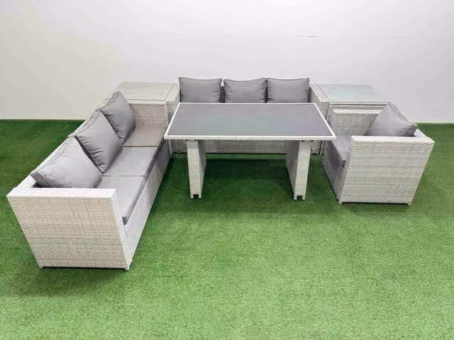 Fimous Patio Garden Furniture Set with 2 Side Tables in Light Grey Rattan and Metal with Glass Tops