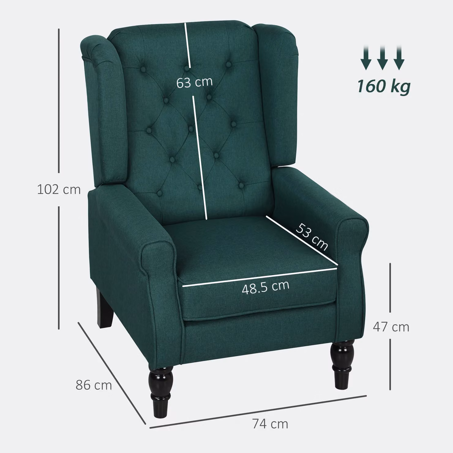 HOMCOM Vintage Wingback Accent Chair with Tufted Fabric and Solid Wood Frame, Dark Green – 3