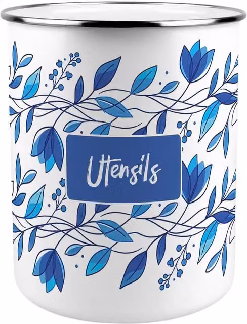 Purely Home Round Blue and White Metal and Ceramic Kitchen Utensil Holder