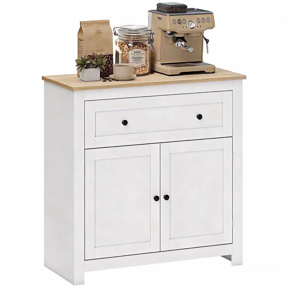 HOMCOM Modern Sideboard and Kitchen Storage Cabinet with Adjustable Shelf and Drawer in Cream White – 2