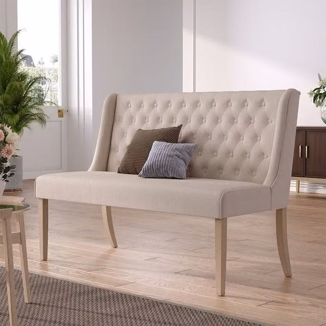 Livingandhome Beige Upholstered Tufted Dining Bench with Rubberwood Frame