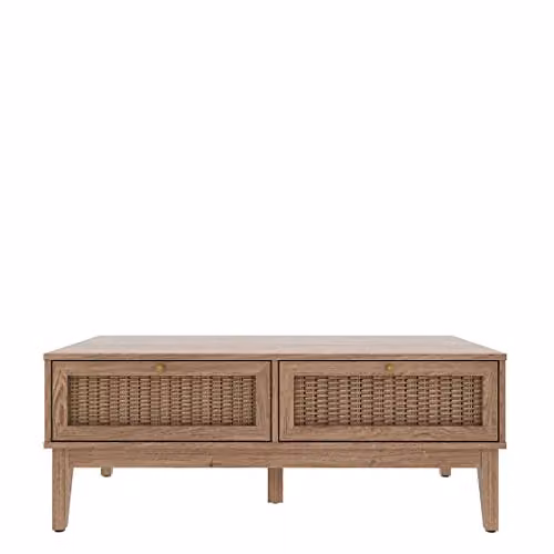 Lemon Pavilion Furniture Bordeaux Coffee Table in Brown Oak with Rattan Details, W: 110.2 cm, D: 50 cm, H: 43.2 cm