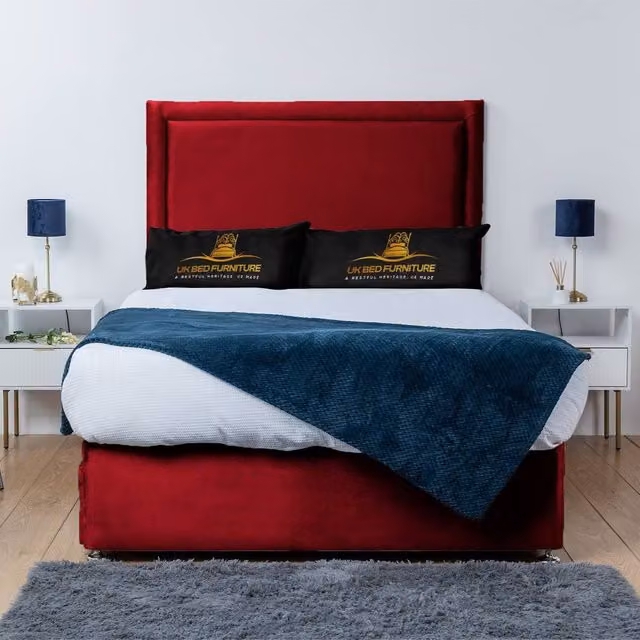 UK Bed Furniture Ascot Divan Bed Base with 26 Inch Headboard in Red Velvet, Super King, W: 200 cm x D: 200 cm – 1
