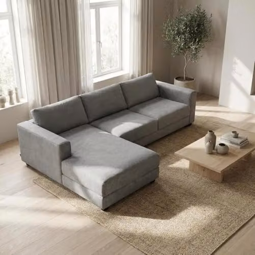 Abakus Direct Kaizer L-Shaped Corner Sofa in Grey Bouclé Fabric, Left Facing – 3