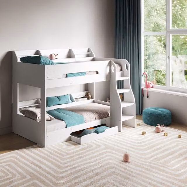 Flair Two-Level Bunk Bed with Stairs and Storage Drawers in White and Grey – 4
