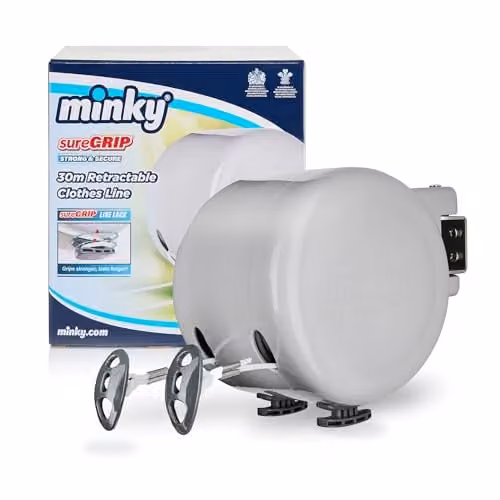 Minky 30m Retractable Nylon Washing Line with Tensioner in White or Grey