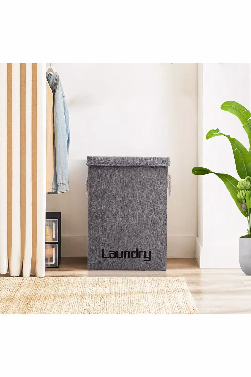 H&O Direct Large Grey Linen Laundry Basket with Lid and Handles – 2