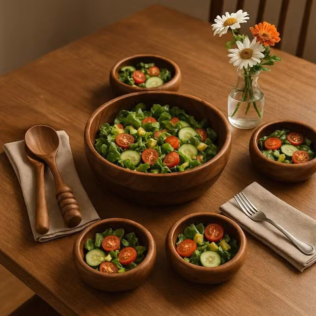Orsina Rosi Five Piece Solid Sheesham Wood Salad Bowl Set in Brown