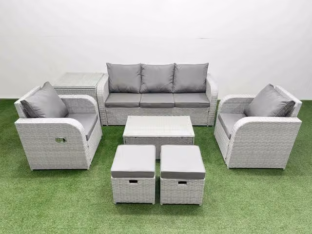 Fimous PE Rattan Garden Furniture Set in Light Grey with Reclining Sofa, Armchair, Coffee Table, Side Table and Two Stools