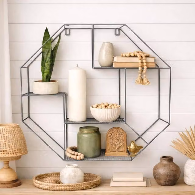 SPOT ON DEALZ Modern Geometric Hexagon Metal Wall Shelf in Grey