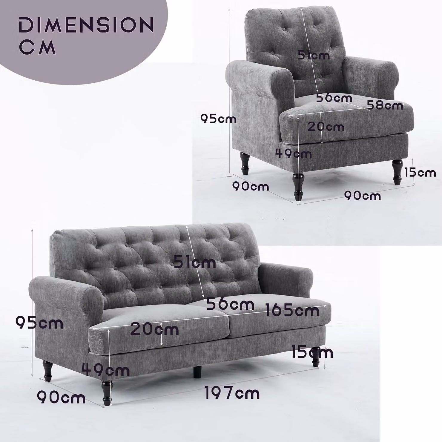 FURNITURE ONE Grey Velvet Tufted Chesterfield Sofa Set with 2-Seater and 3-Seater Sectional Couch Suite – 2