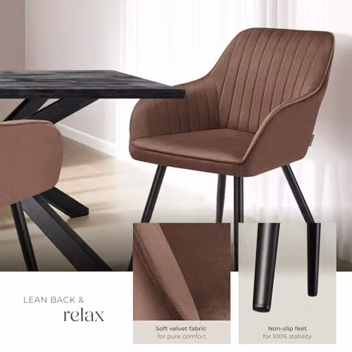 tectake Dining Chair with Quilted Velvet-Look Cover and Armrests in Brown/Black – 5
