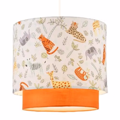 Happy Homewares Safari Animals Childrens Cotton Fabric Ceiling Pendant Light Shade with Double Tier Design in Multicolour and Orange, W/D/H: 25 x 21 x 25 cm